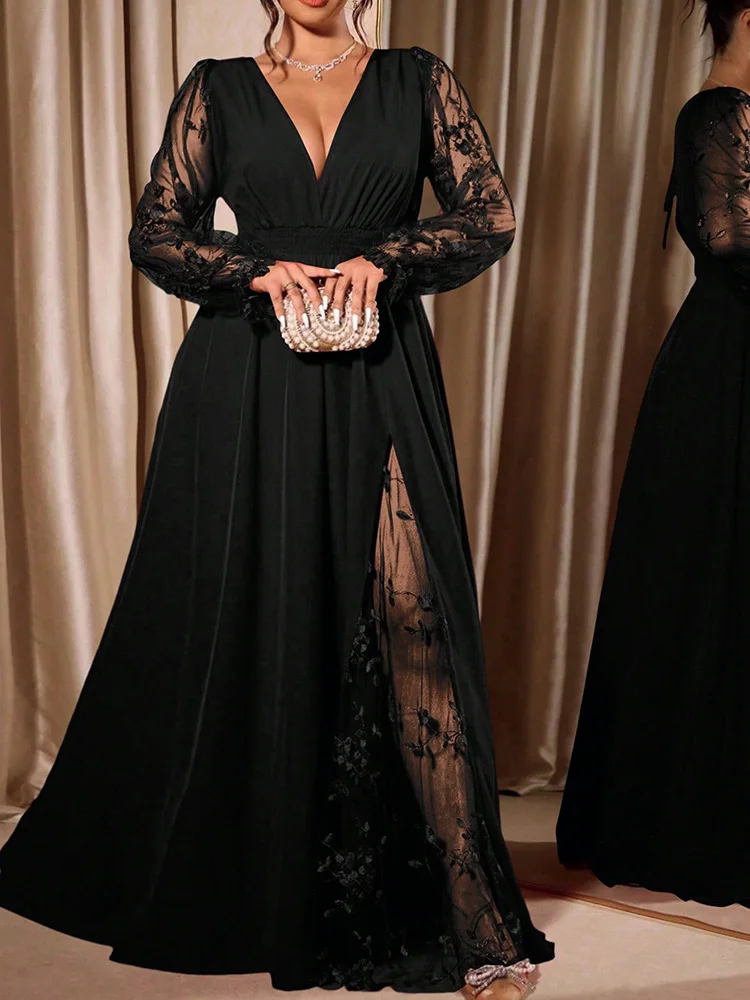 GIBSIE Plus Size Elegant V-Neck Sheer Mesh Sleeve Evening Long Dress Women Autumn Elastic Waist Tie Backless Party Dresses 2026 view 4