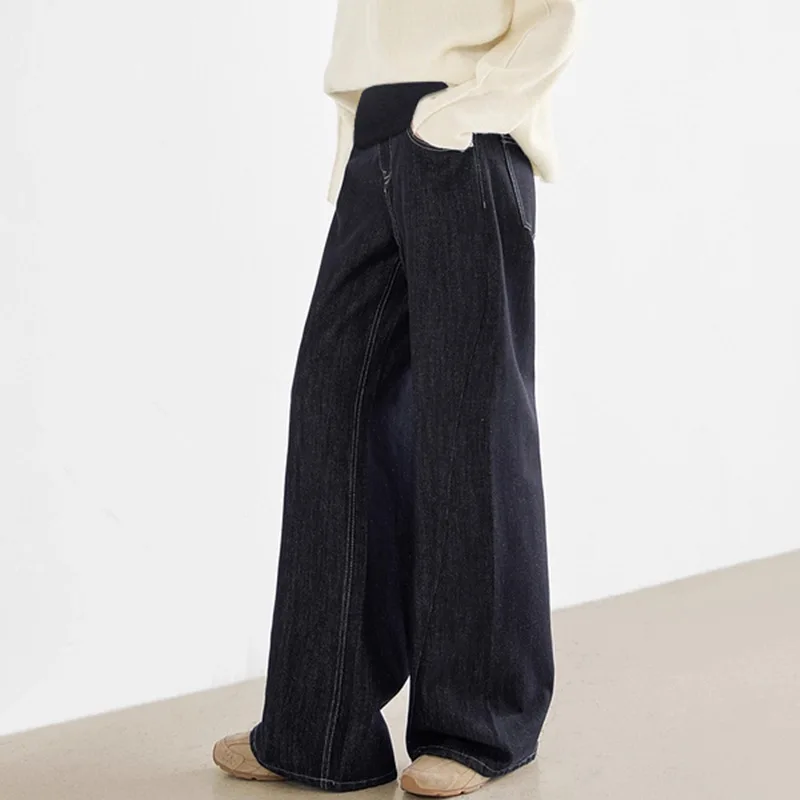 Casual Maternity Wide Leg Jeans Over Belly High Waist Full Belly Support Loose Straight Pregnancy Women Denim Trousers