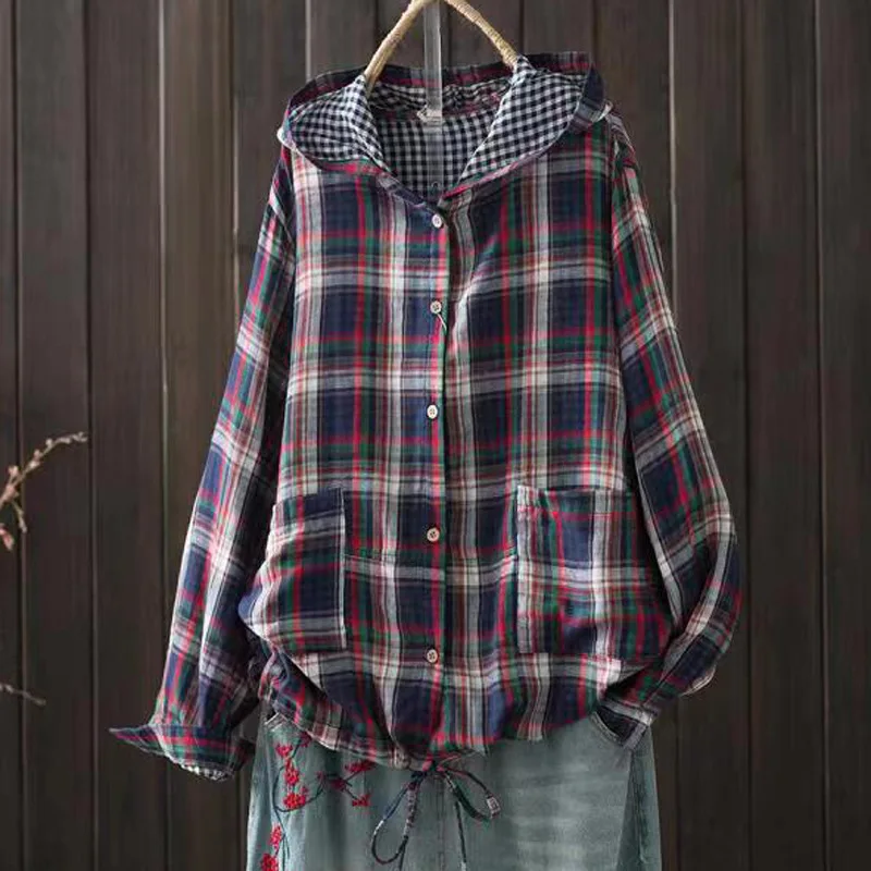 Korean fashion designer womens autumn loose hooded plaid shirts ladies cotton casual large size blouse tops female hoodies