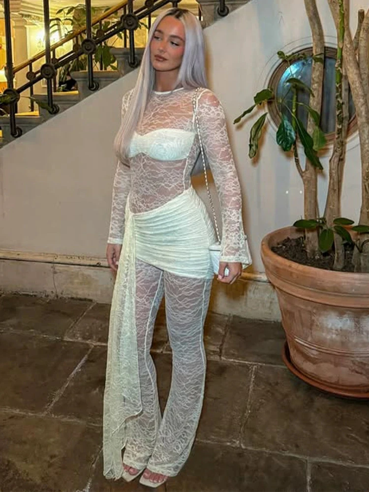 JULISSA MO Tuta da donna sexy con collo alto in pizzo trasparente Tuta nera a maniche lunghe con nastro Autunno Slim Elegante Party Clubwear