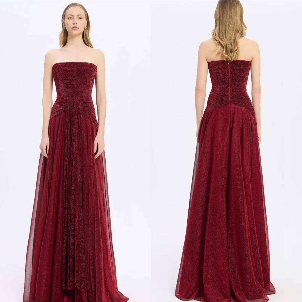 

Customized Graceful Burgundy Organza Evening Dress High Quality Strapless Sleeveless Zipper Back Sweep Train Homecoming Dress