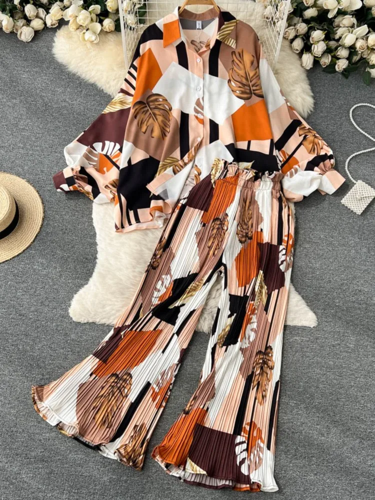 Spring Women Floral Casual Elegant 2 Pieces Set Loose Shirts Tops Wide Leg Pant Suit Female Fashion Vintage Clothes New