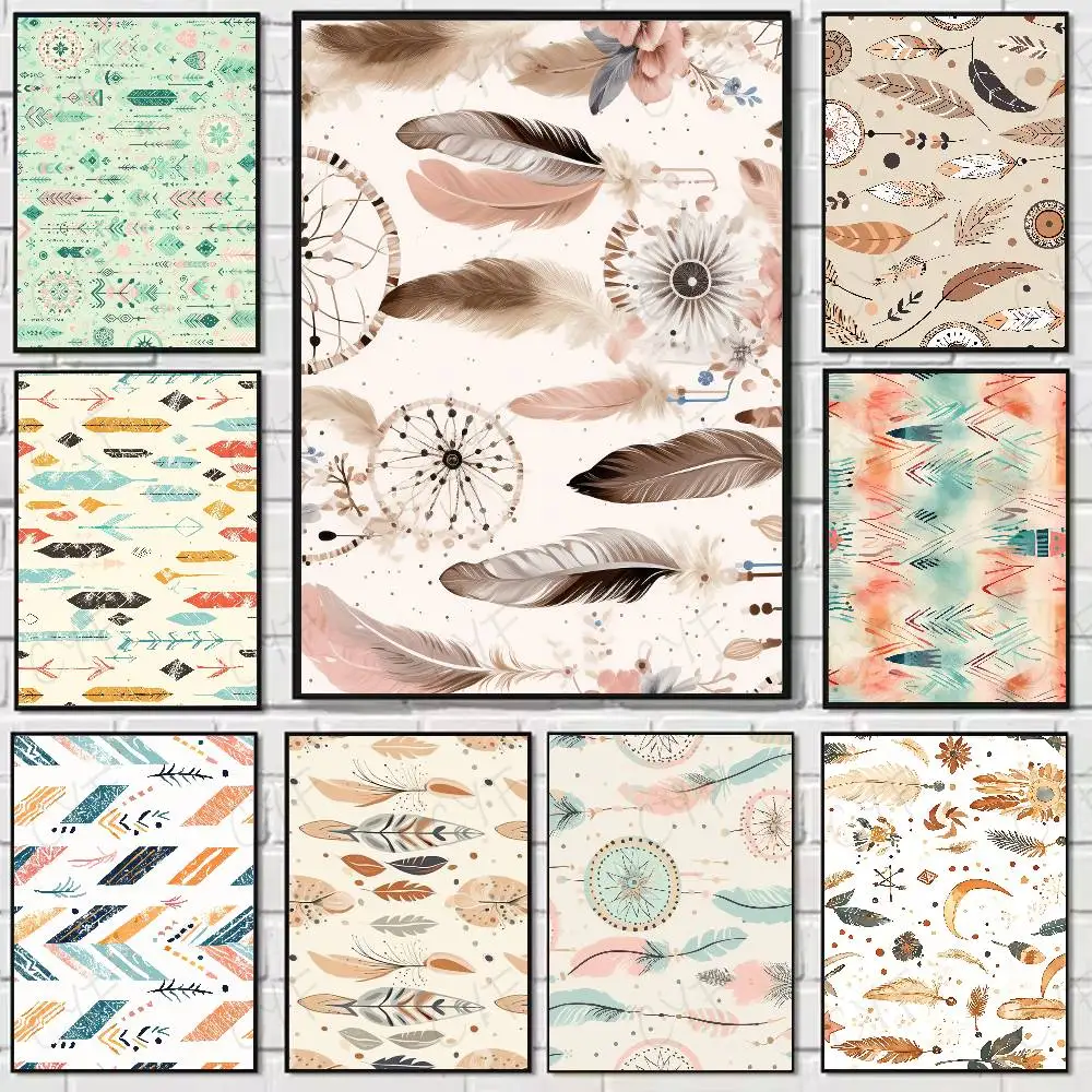 

Boho Pattern With Feathers INS Poster Home Living Bed Room Bar Hallway Sticky Wall Art Printing Waterproof Aesthetic Decor