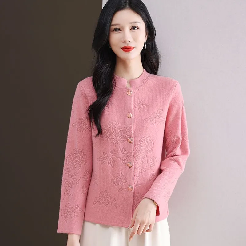 

New Women's Knitted Cardigan Sweater Coat 2025 Spring Autumn Female Middle-aged Elderly Fashion Loose Jacquard Blouse Jacket