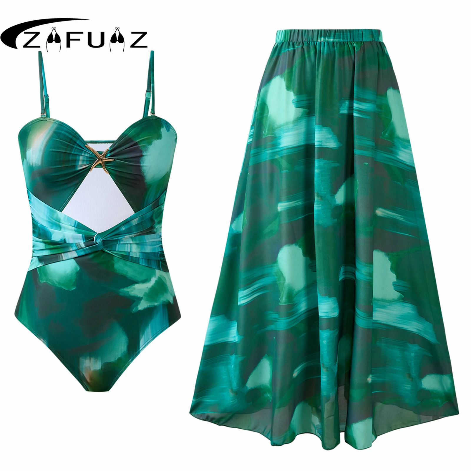 

Retro Green Bikini Printed One Piece Swimsuit Cover Up With Skirt Tight Women's Bandage Summer Beach Luxury Swimwear Monokini