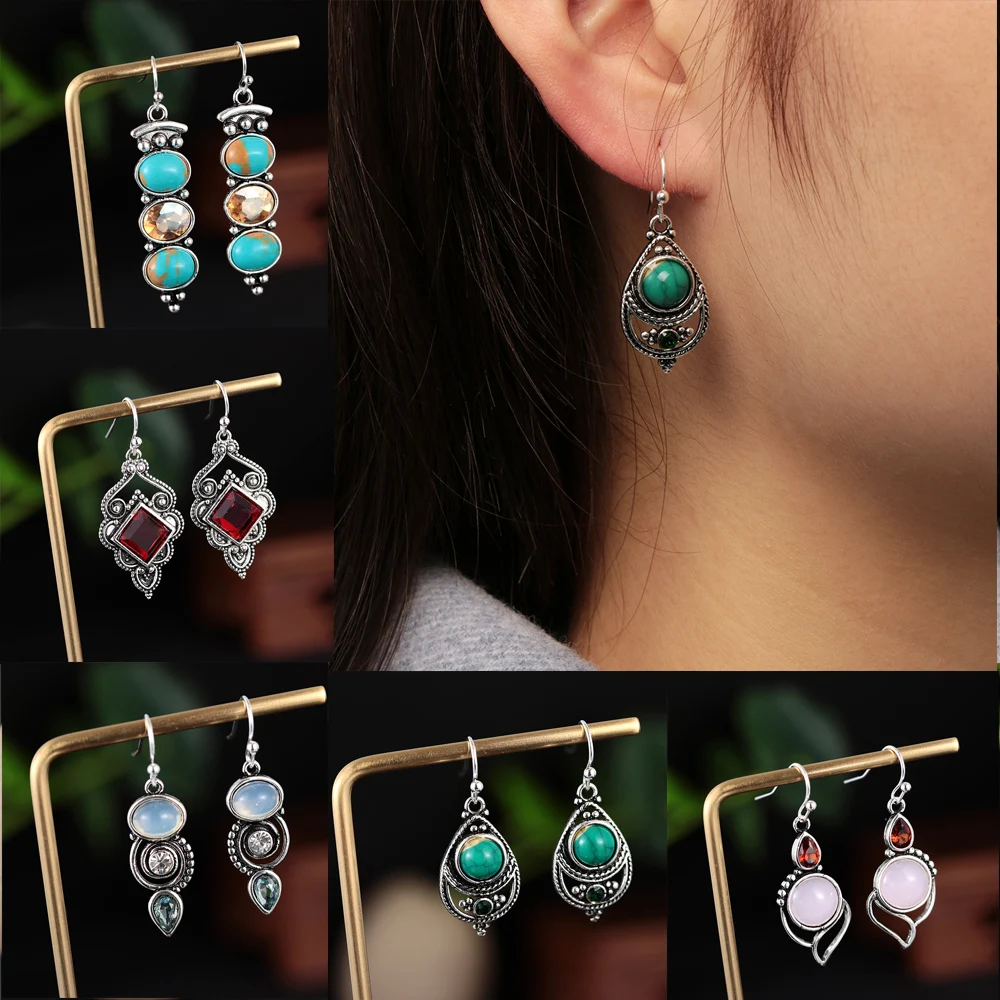 1Pair Turquoise Earrings Natural Moonstone Amethyst Dangle Multi-Gemstone Ear Stud Elegant Charm For Women Vintage Jewelry