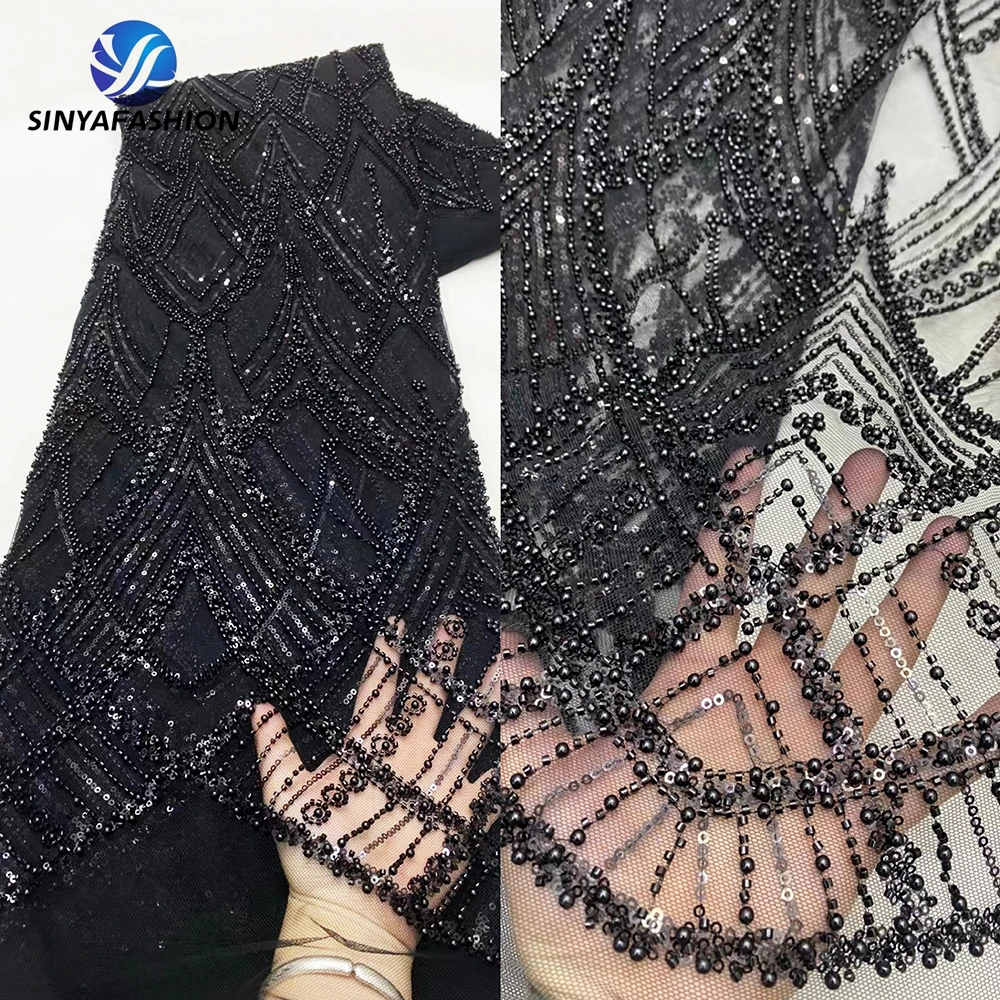 Sinya Latest Black French Mesh Tulle Embroidery Sequins Pearls African Heavy Beaded Lace Fabric High Quality Lace For Wedding