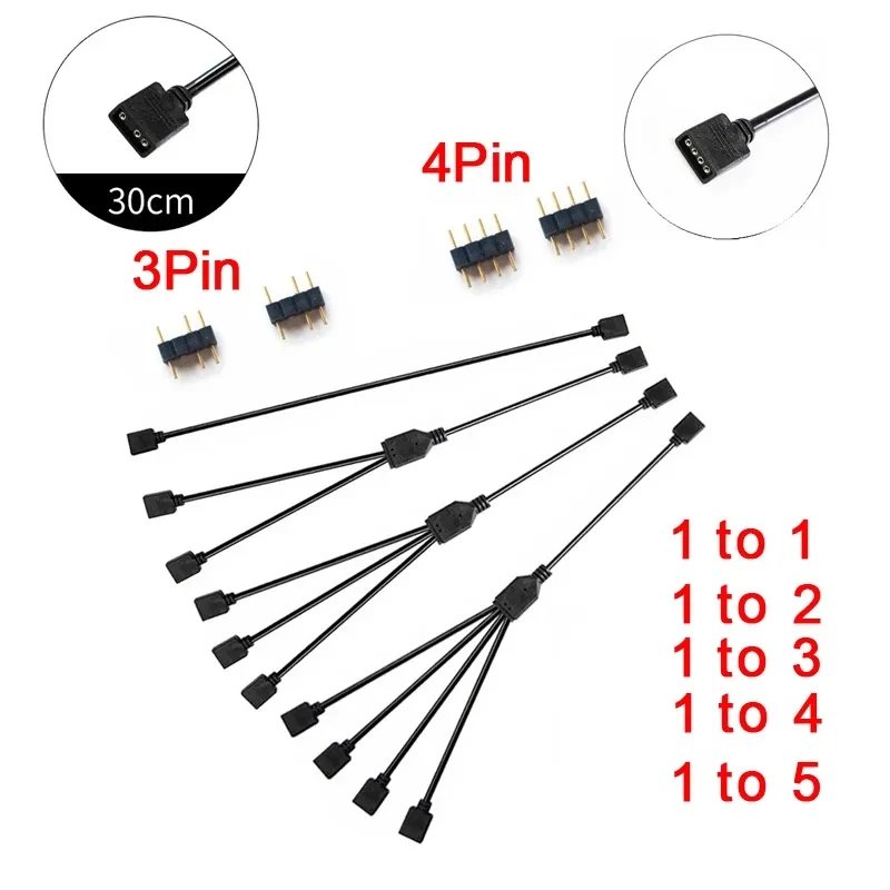 ARGB 5V 3Pin Extension Cable Adapter 30cm 1 to 1 2 3 4 5 12v 4pin Motherboard RGB SYNC Splitter  for MSI A SUS ASRock AURA LED