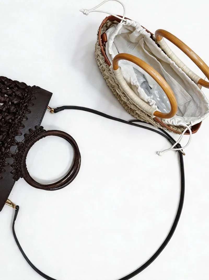 Hollow Crochet Straw Basket Bags for Women Round Handle Handbags Bohemian Woven Beach Bag Summer Shoulder Crossbody Bag NEW