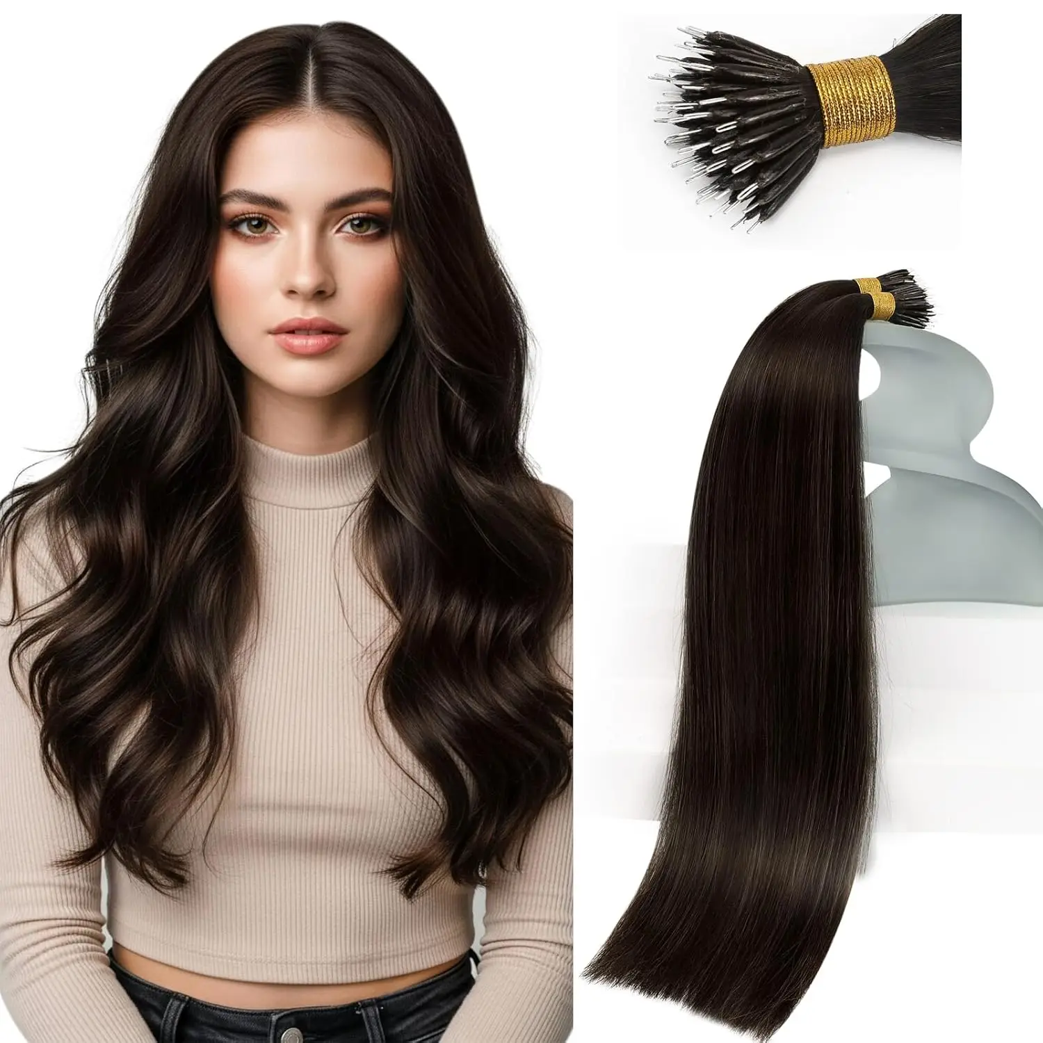 

VeSunny Nano Ring Наращивание волос Темно-коричневые нано-петли Наращивание волос Человеческие волосы Наращивание бусин Длинные прямые волосы Remy