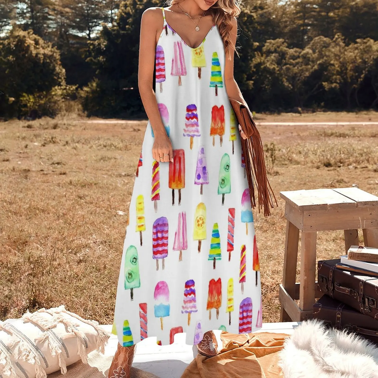 Misty Colorful Watercolor Hand Drawn Popsicles Sleeveless Long Dress Dresses Evening dresses Dress