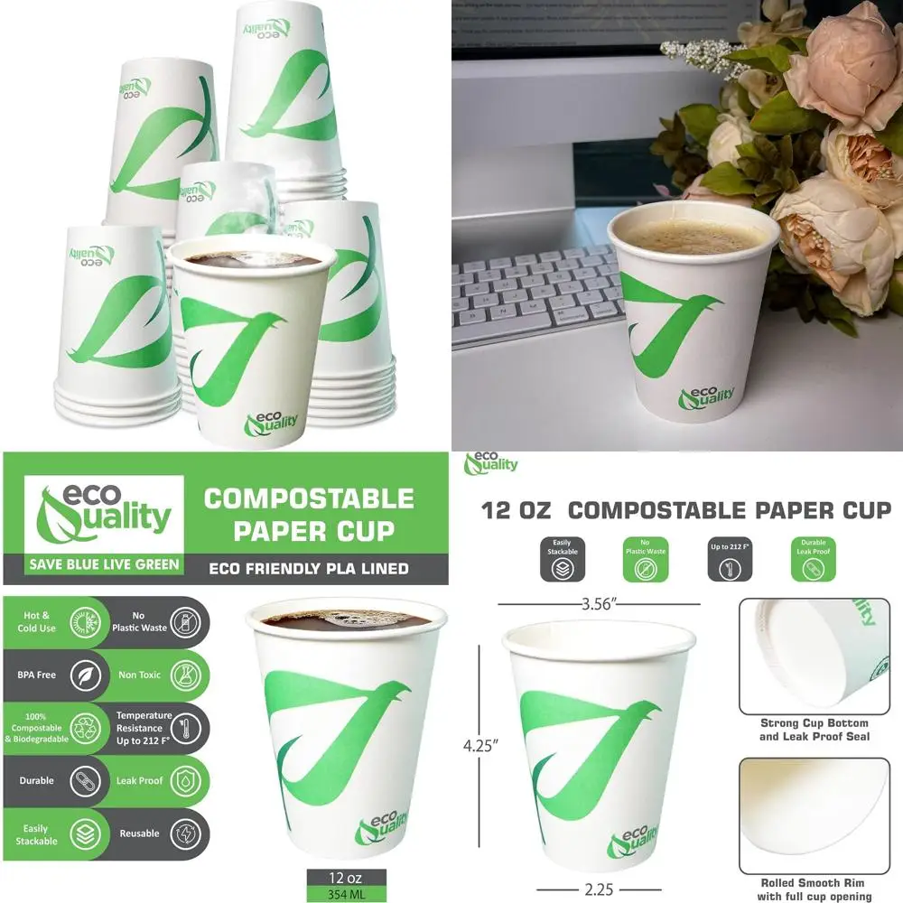 

Eco-Friendly Biodegradable PLA Lined Paper Cups - 12 oz Compostable White Hot & Cold Drink Cups