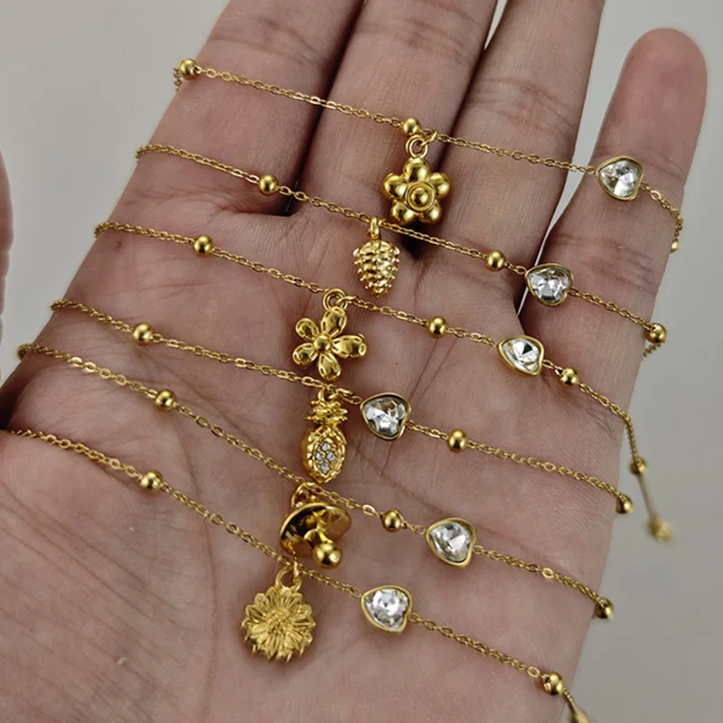 Letdiffery Dainty Heart Zircon Fruit Flower Bracelet for Women Stainless Steel Pineapple Strawberry Floral Charms Bracelet Gift
