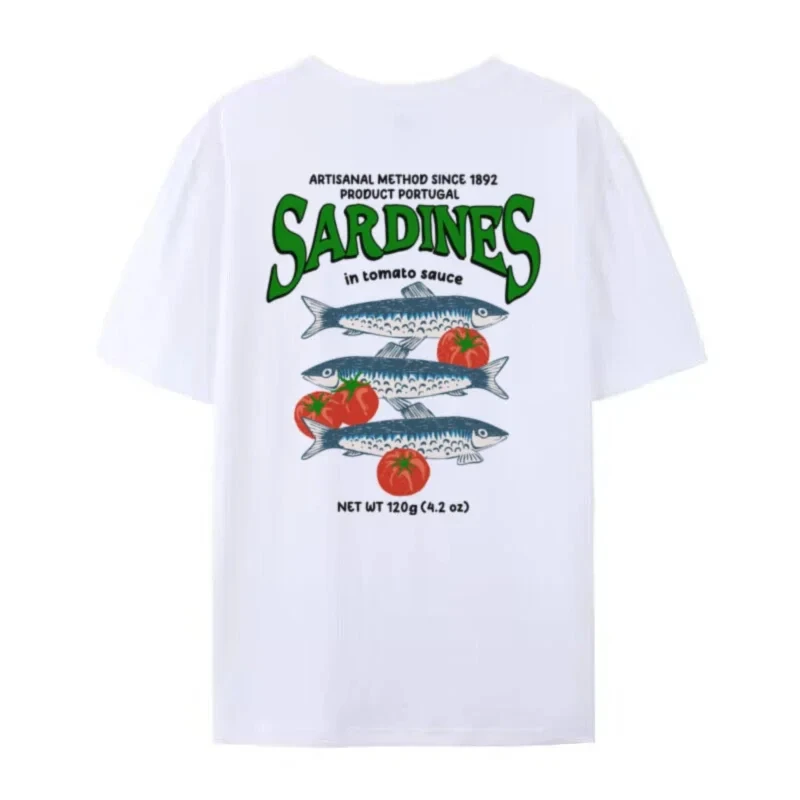 المرأة الصيف الرجعية البرتغالية السردين تي شيرت الشارع نمط تي شيرت الجمالية الغذاء تي شيرت الرجال والنساء عطلة