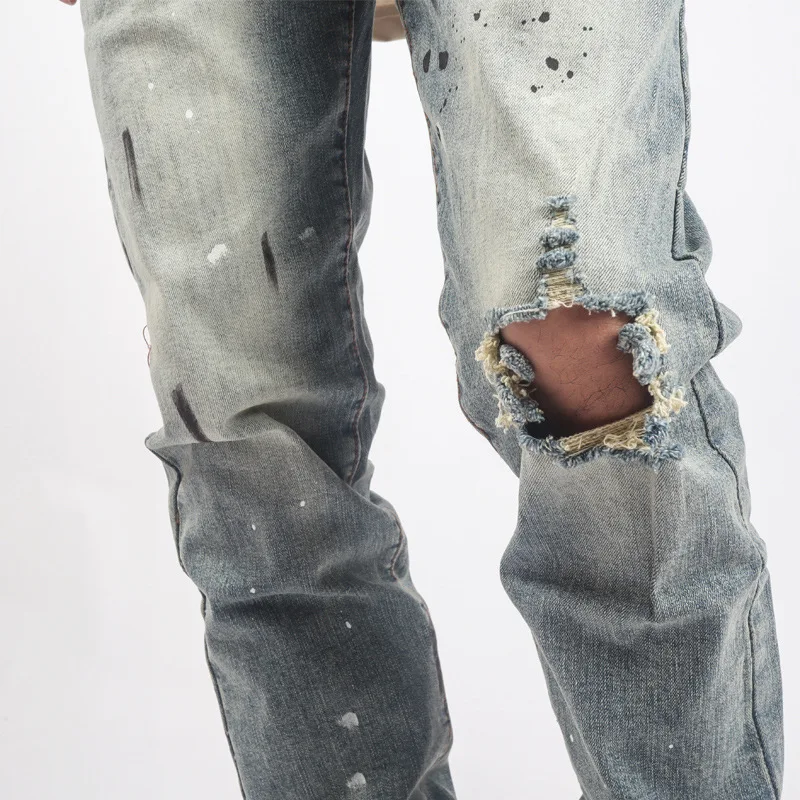 High Street Washing Make Old Blue Splash-ink Retro Ripped Jeans Male Slim Pencil Pants Full Length Denim Trousers Streetwear Men