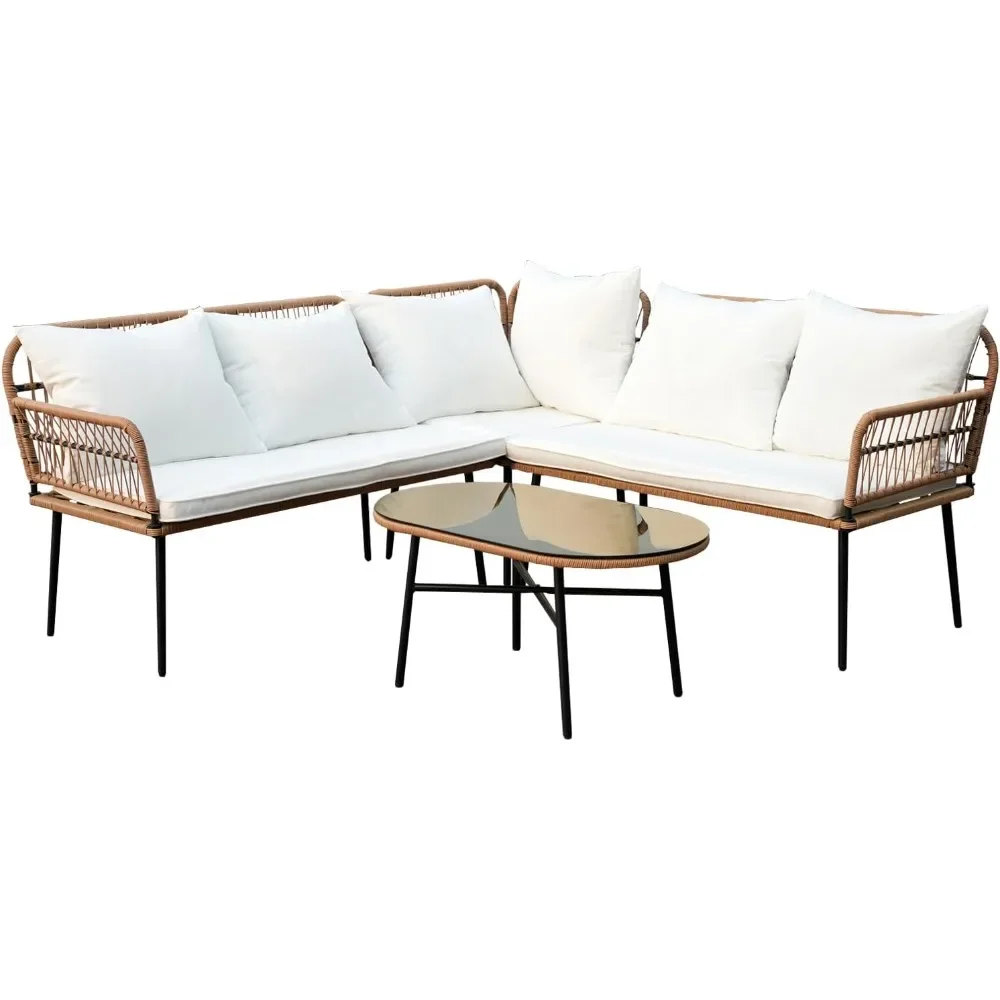 

4 Pieces Patio Sectional Furniture Chairs Set Boho Water-Resistant Outdoor Indoor Wicker Sectional Sofa Beige Woven PE Rattan