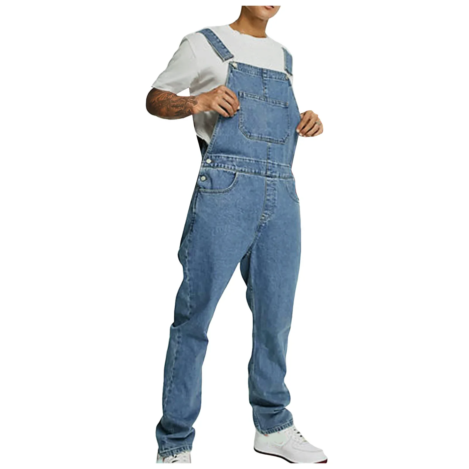 

Men Europe America Jeans Overalls Pockets Casual Loose Long Denim Pants Splice Straight Rompers Solid Colour Suspender Jumpsuits