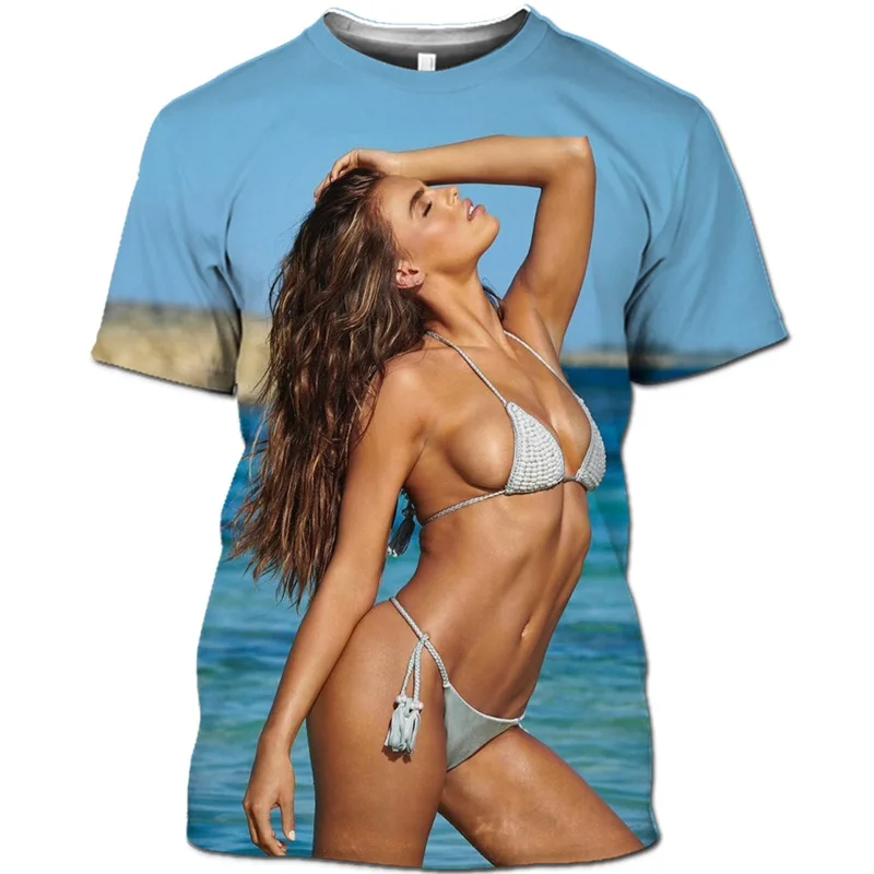 Hawaii Sandy Beach FashionT Shirt Bikini Naked Model BBW T-shirt 3D Printed Women Top Tee Sexy Swimsuit Hentai Girl Short Sleeve