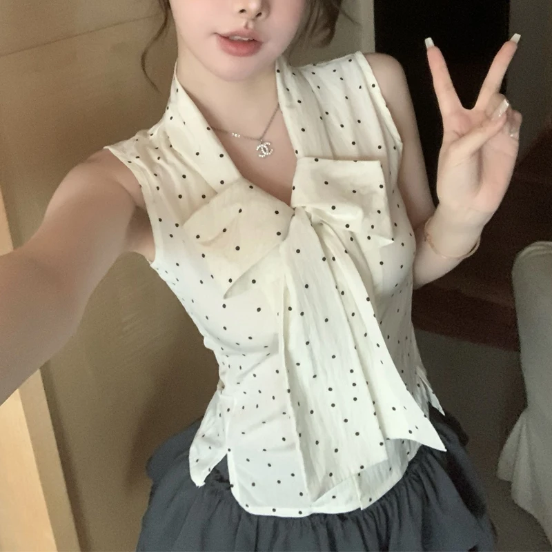 Summer New Polka Dot Sleeveless Sexy Blouse Lacing Patchwork Slim Striped Fashion Short Shirt Tops Y2K Sweet Trend Women Clothes