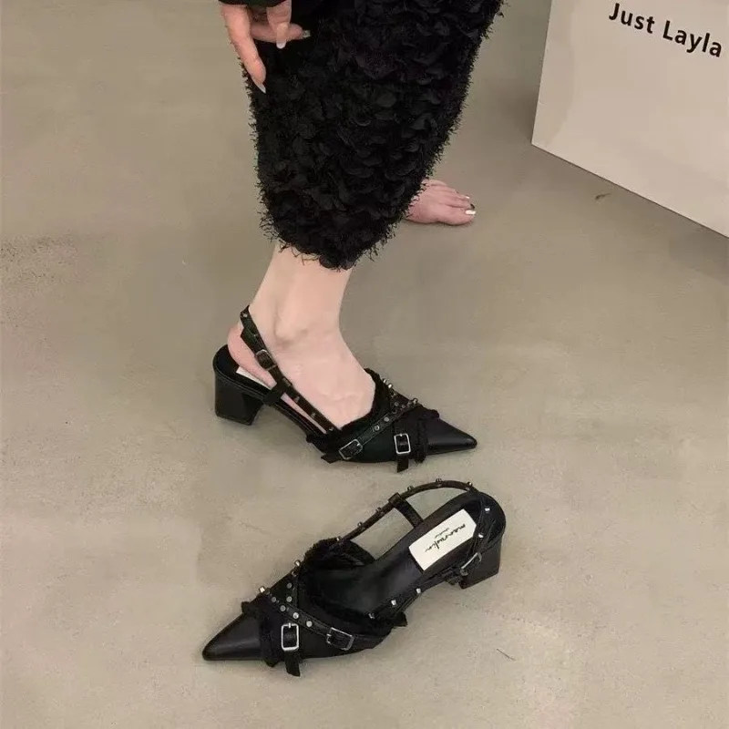 Women High Heel Shoes French Black Temperament Bag Head Sandals Women Elegant Fad Pumps Banquet Party Wedding Shoe Zapatos Mujer