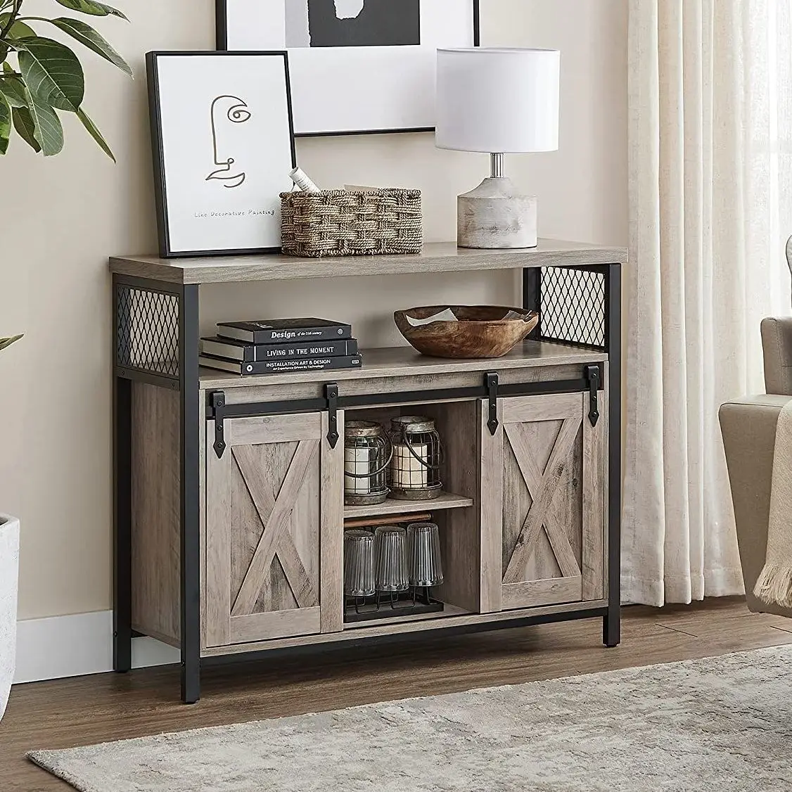 Dining Room Sideboard, Kitchen Cupboard, Storage Cabinet, Rolling Barn Doors, Adjustable Shelf, Industrial Style, Greige and Bla