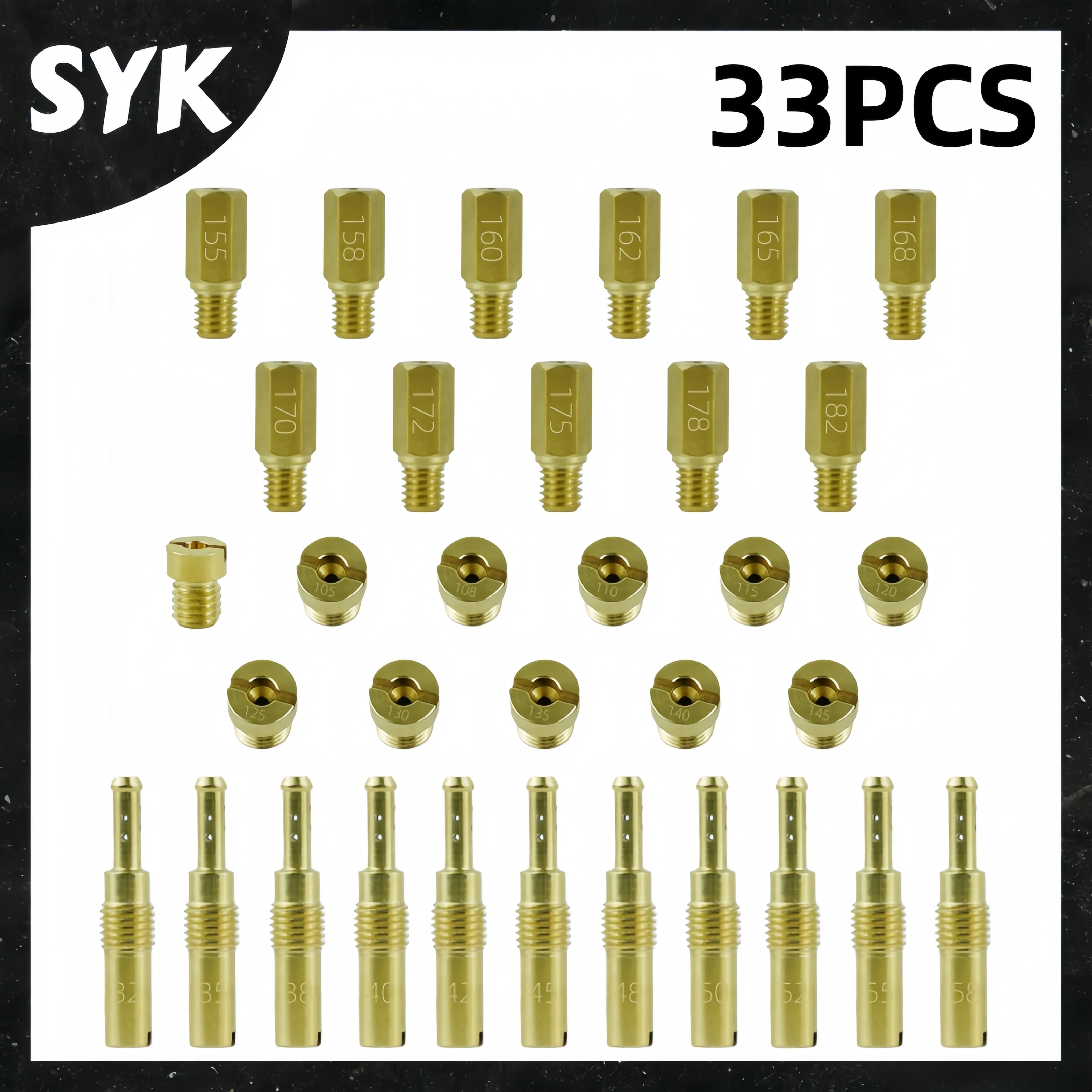 33PCS Carburetor Jet Kit 11 Slow Pilot 22 Main Jets For PWK Mikuni For Compatible Honda, Yamaha, PWK, Keihin, OKO CVK, KOSO, PE