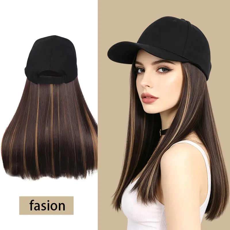 18inch Long Straight Baseball Cap with Hair Extensions, Natural-Looking Wig for Women, Easy to Wear and Go, Suitable for Dating, Parties, Photography, and Other Occasions The Best Choice as a Gift