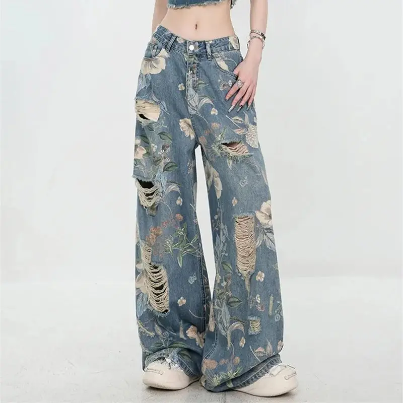 Bedrukte gescheurde jeans Amerikaans 2025, zomer, nieuw retro-design, nis, losse wijde pijpen, vloerlengte, rechte pijpen, broek voor woon-werkverkeer WF