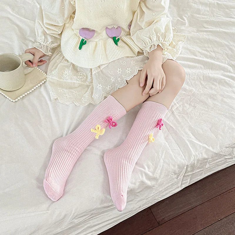 Spring 2026 Girls Sweet Tube Socks with Candy Color Bow 1-12T Kids Calf Socks Stripe Design Children's Socks