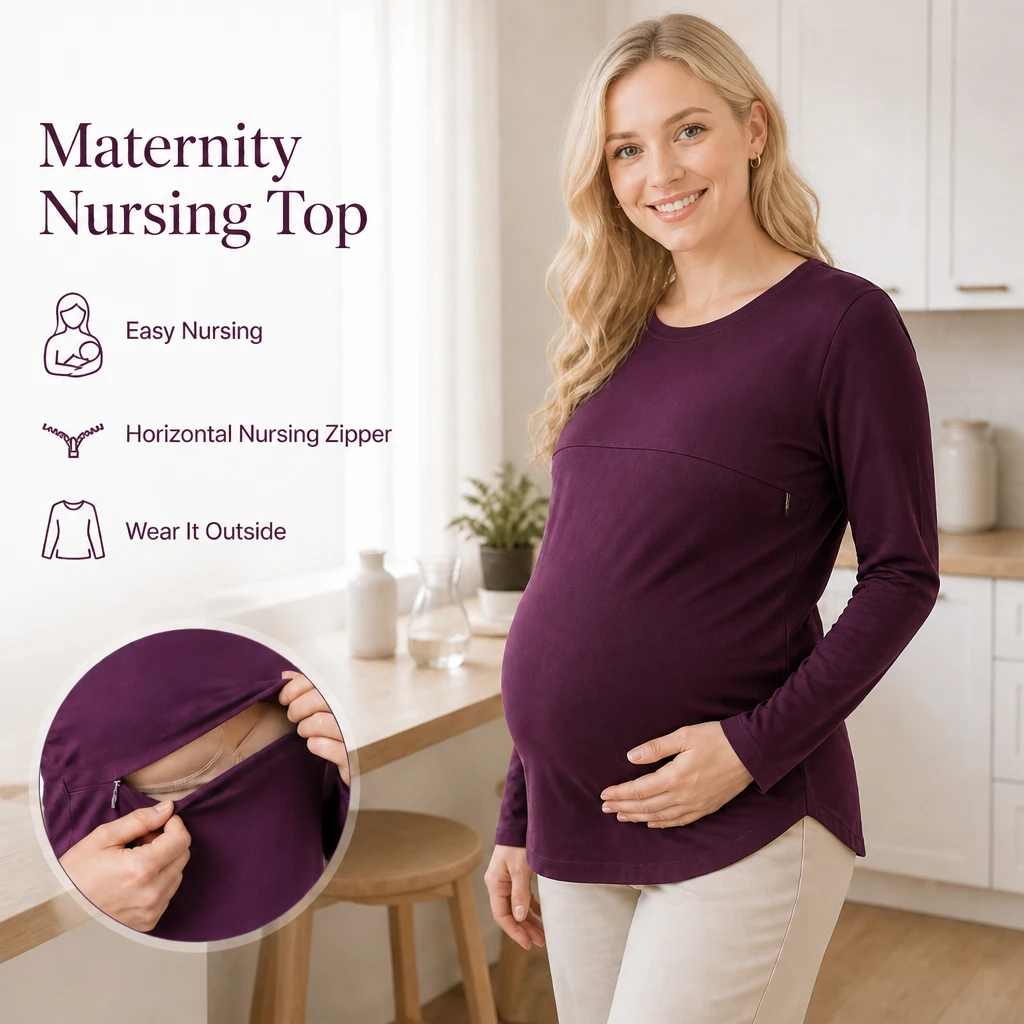 Long Sleeve Maternity Nursing Shirt Round Neck Horizontal Zipper Breastfeeding Top Soft Stretch Cotton Pregnancy Clothes