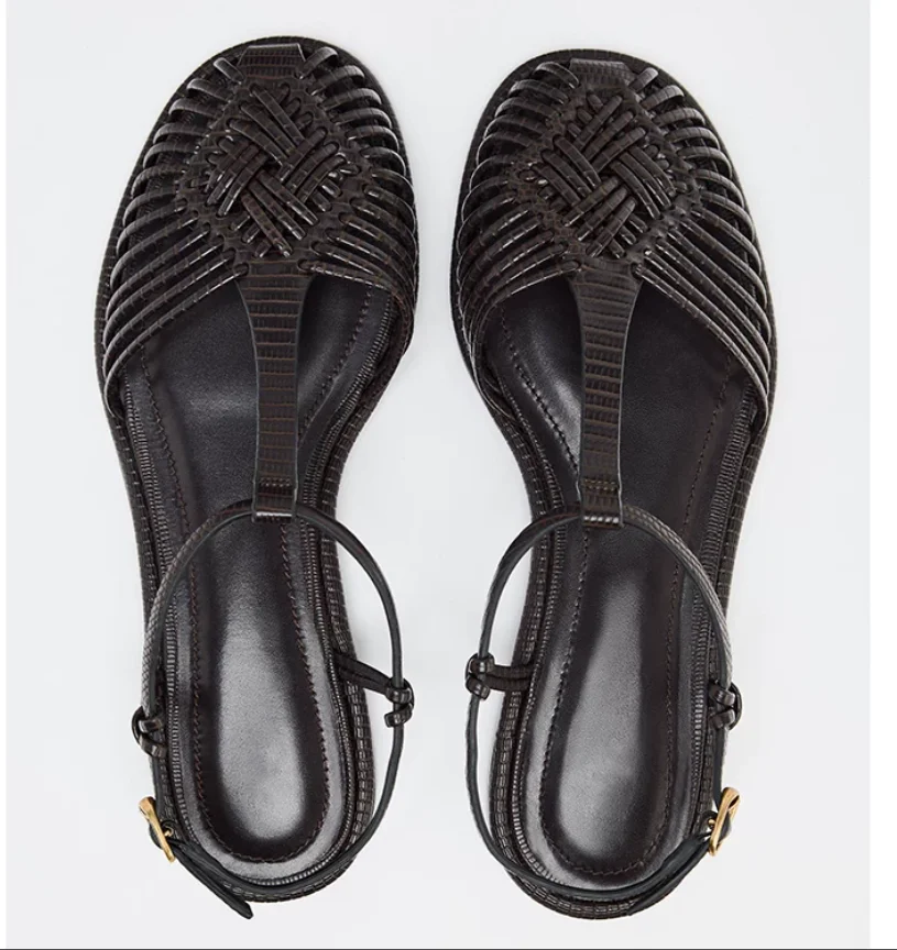 2026 Summer Round Toe Cut Out Weave Knit Sandals Flat Heel Ankle Strap Shoes For Women Fashion Concise Casual Streetwear