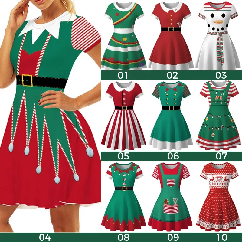 Damska sukienka wesołych świąt dla kobiet Xmas Elf Snowman Stripe Printed Xmas Vintage Female Party Performance Cosplay Costumes