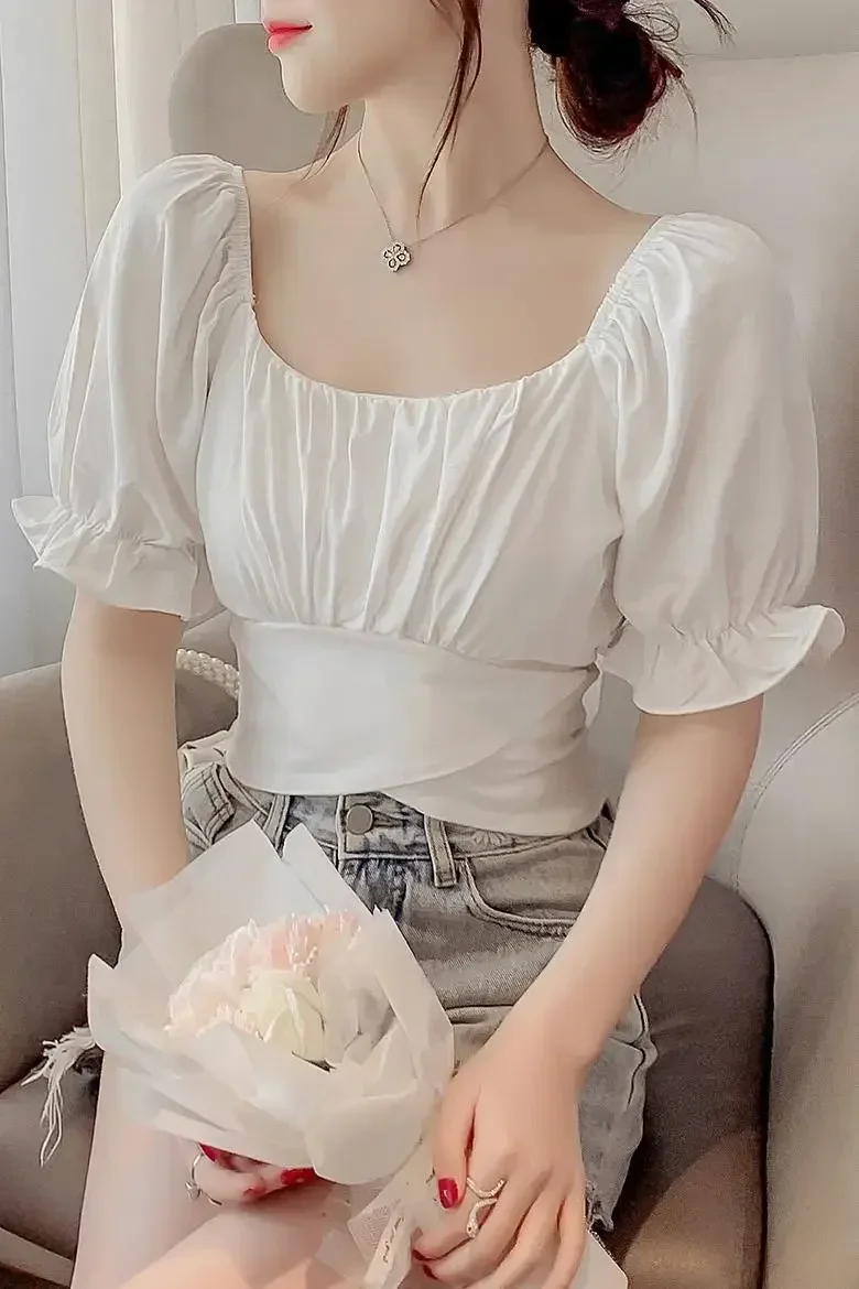 Camicette da donna Solid Slim Sexy Crop Top Fasciatura Colletto quadrato Stile coreano Temperamento alla moda Camicie da donna Summer Chic