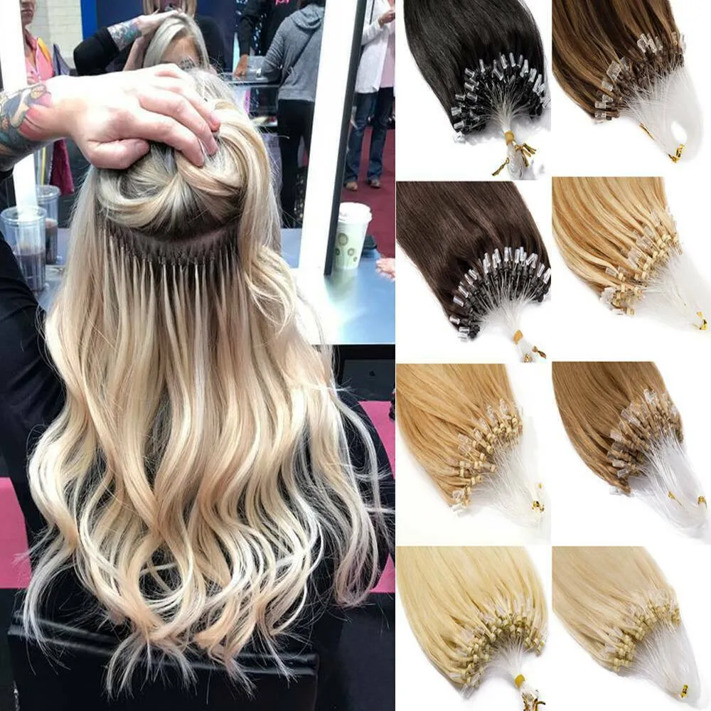 

Micro Loop Ring Hair Extensions 100% Human Hair Straight Weft Pre-attached Rings With Silicone Tubes Colors 1B/2/4/6/8/613