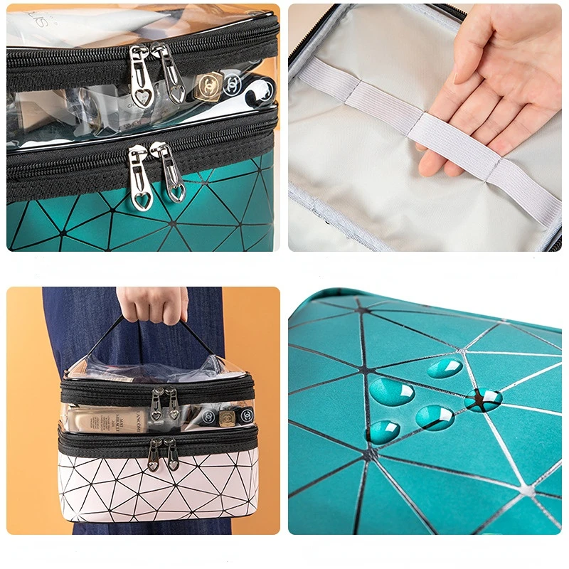 Multifunction Clear Makeup Bag com dois zíperes, impermeável Cosmetic Bag, Feminino Storage Cases, Moda Diamante, Viagem