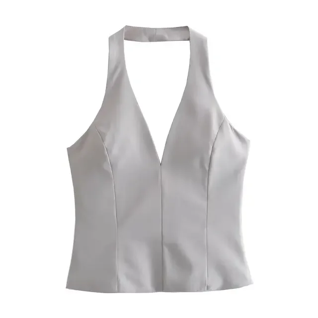 New Summer Fashion Women Solid Sleeveless Hanging Neck Collar Splicing Short Vest Top Female Sexy V-Neck High Street Wear Top