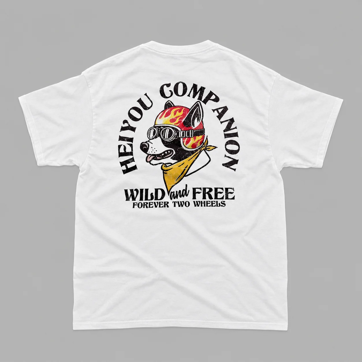 Crew Neck T-Shirt Dog Flame Helmet Goggles Bandana Wild Free Biker Graphic Print Short Sleeve Motorcycle Tee Men's T-shirts