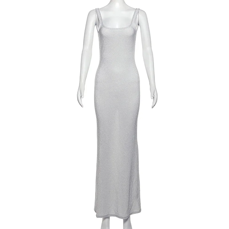 فستان ماكسي نسائي مزين بالترتر مذهل لامع أنيق بدون أكمام وظهر مكشوف غمد فيستدوس موهير أنيق للسهرة