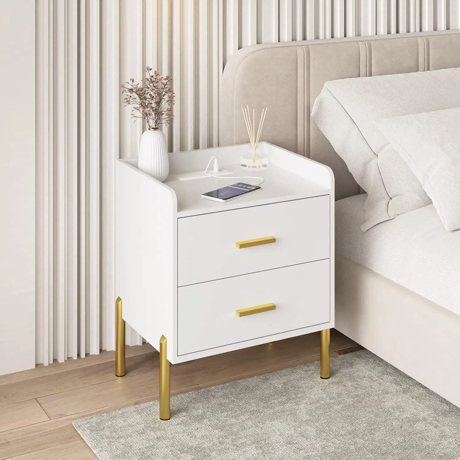 

2 Drawer White Nightstand for Bedroom, Mid Century Modern End Table with Charging Station Farmhouse Storage Night Stand Side