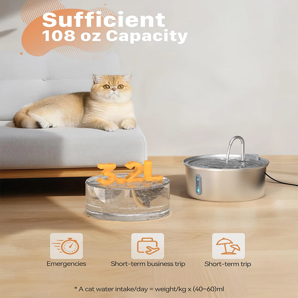 3.2L Food-Grade Stainless Steel Automatic Self-Filling Cat & Dog Water Dispenser with Time Setting Indoor