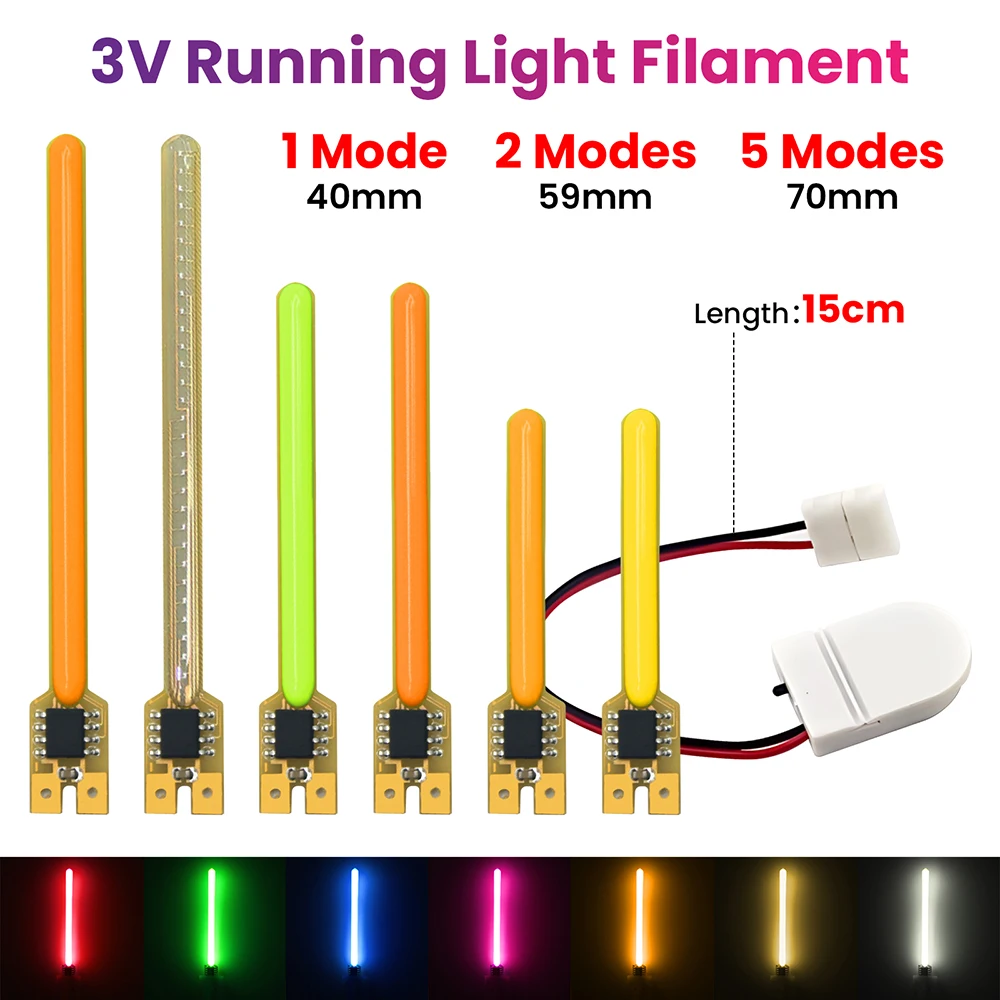 LED Meteor Rain COB Filament 3V 40mm 59mm 70mm Light Red Yellow Blue Pink Green for DIY Handcraft Retro Edison Bulb Parts Decor