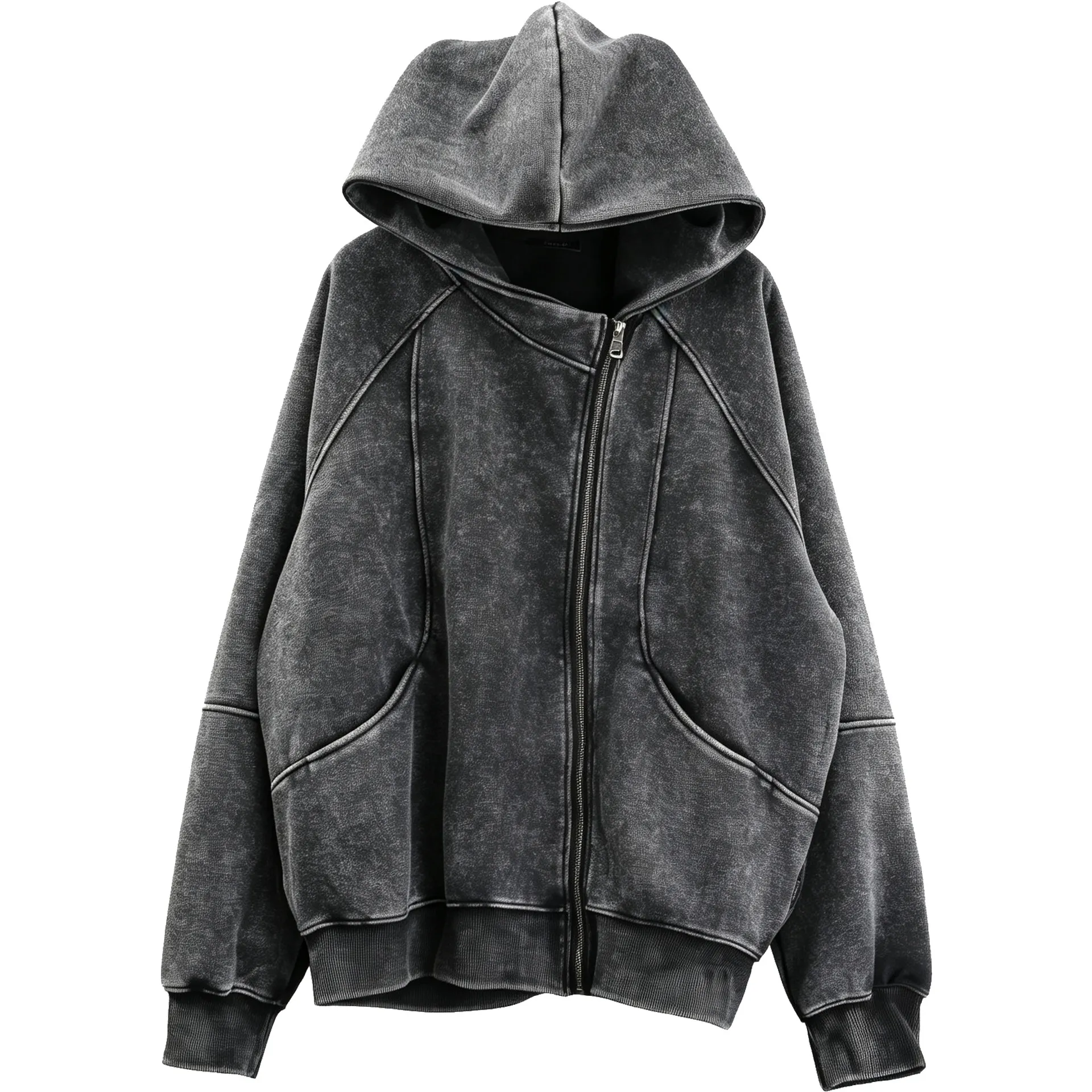 Niche Wasteland Style Oblique Zipper Design Sweater Men's  Wash American Water Retro Style Personality Loose Hooded Coat Men's