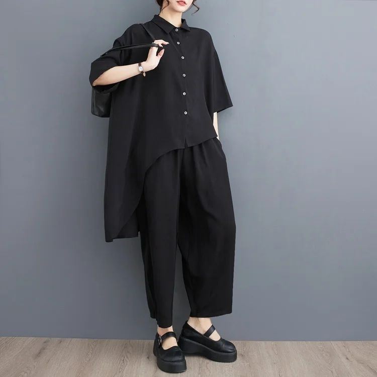 #2721 Spring Summer Black Asymmetrical Long Shirt And Harem Pants Women Loose 2 Piece Outfits For Women Korean Style Pants Set