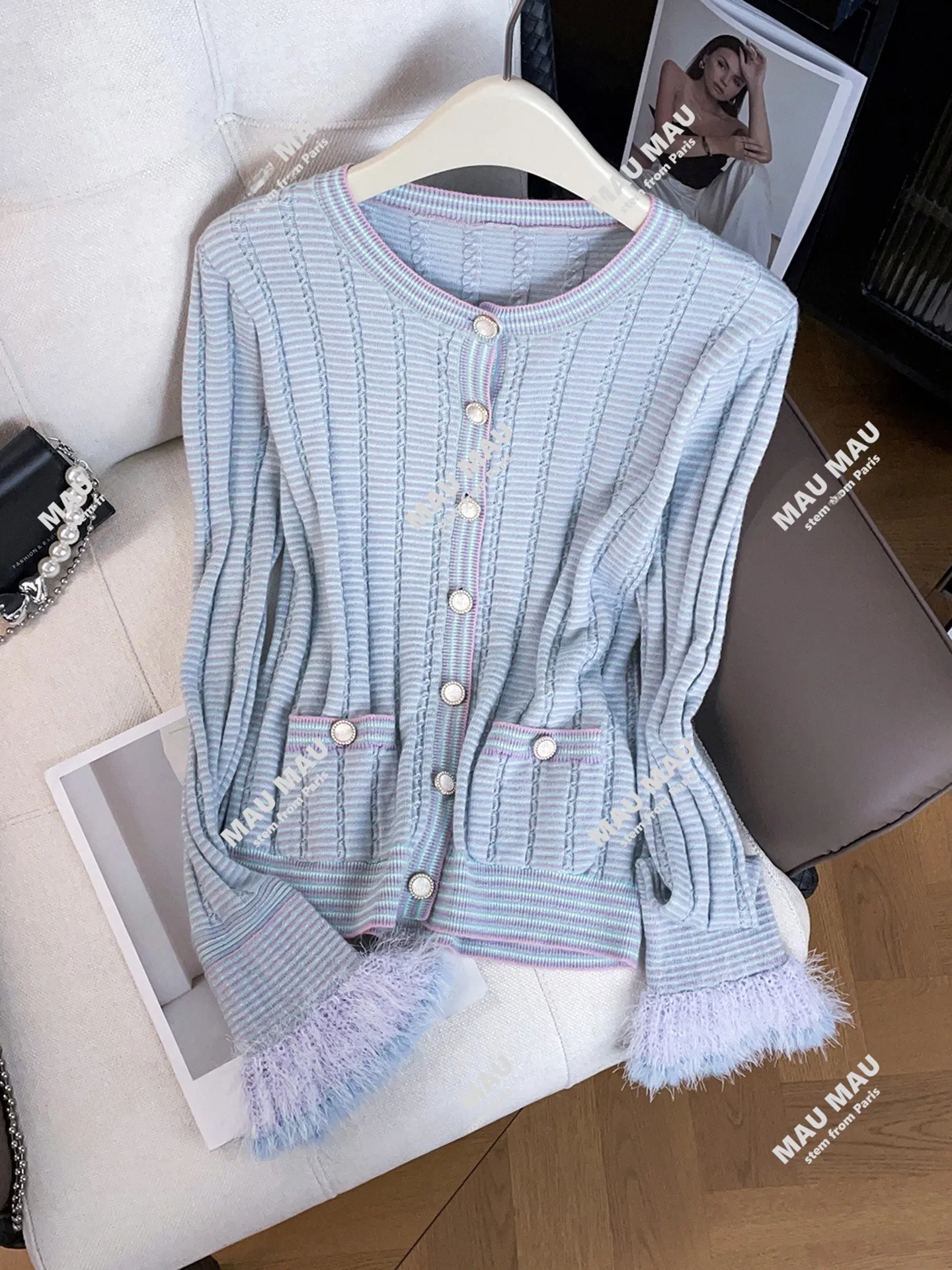 

Высококачественный женский вязаный кардиган Sve Stripe Boucle Sle, осенне-зимний модный топ среднего размера Softn Long Sve round Ne Top