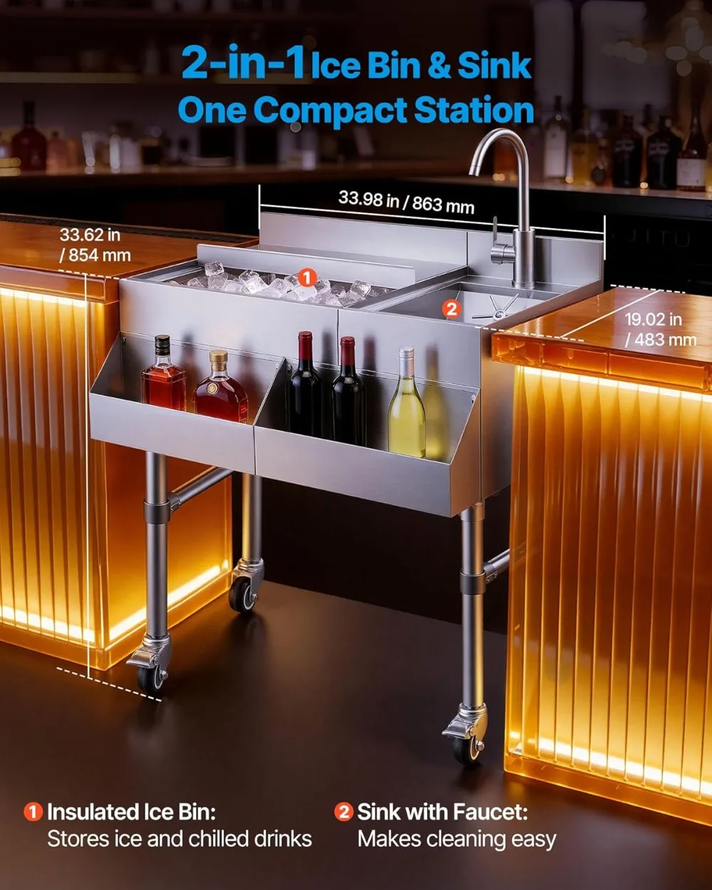 Factory Direct 2026 Commercial Ice Bin with Sink & Faucet, Stainless Steel Ice Chest Sliding Lid Bottle Holders, Bar Pub Cocktai