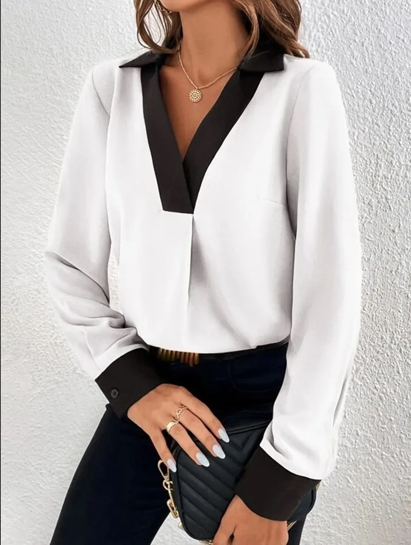 Women\'s Fashion V-neck Contrast Long Sleeve Casual Shirt 2023 Autumn/Winter New Elegant Office Lady Blouse Women Tops S-XXL