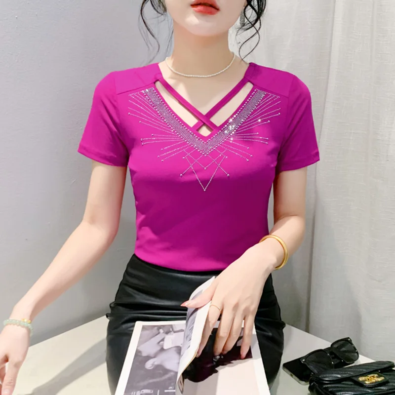 M-3XL Summer New Short Sleeved Mesh T-Shirt Fashion Hollow Hot Diamond Women's Tops Solid Color High Stretch Clothes