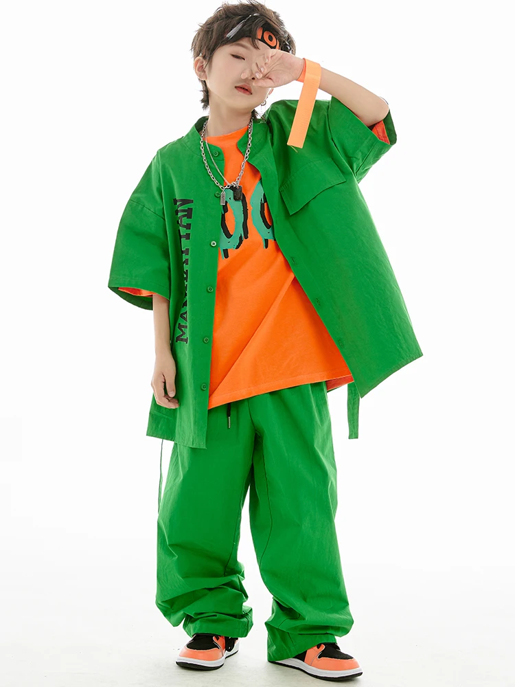 Street Hiphop Full Set 3pcs Boys Dancer Green Short Sleeved Coat Pants Dance Jazz Performance Stage Hip Hop Clothes Tops Ptants