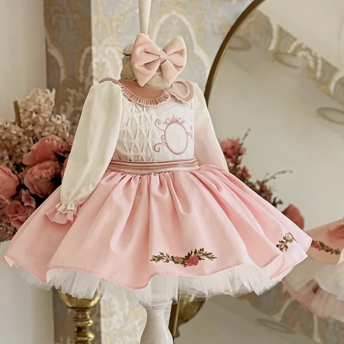 0-12YBaby Girl Autumn Flower Embroidery Turkish Vintage Lolita Princess Ball Gown Pink Dress for Birthday Holiday Casual Eid C30