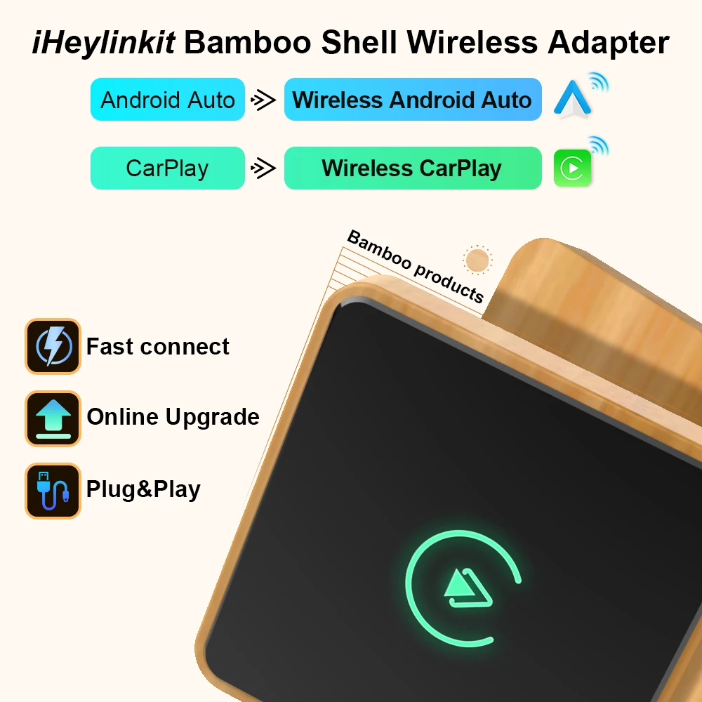 iHeylinkit 2024 NewBamboo Shell Wireless Android Auto CarPlay Adapter AI Box Dongle Car Google Play Mirrorlink Plug&Play